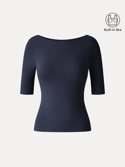 Oglmove Eco-mousse® Boatneck Elbow Sleeve Bra Top In Midnight Navy