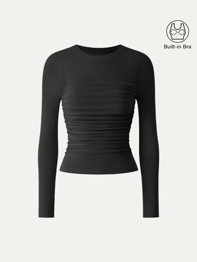 Oglmove Eco-mousse® Boatneck Long Sleeve Open-back Ruched Bra Top In Black