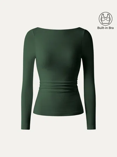 Oglmove Eco-mousse® Boatneck Long Sleeve Open-back Ruched Bra Top In Deep Bush