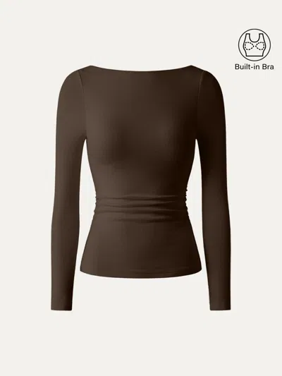 Oglmove Eco-mousse® Boatneck Long Sleeve Open-back Ruched Bra Top In Espresso