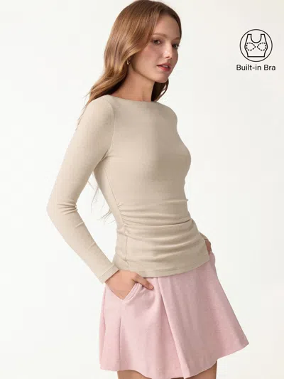 Oglmove Eco-mousse® Boatneck Long Sleeve Open-back Ruched Bra Top In Natural Calico