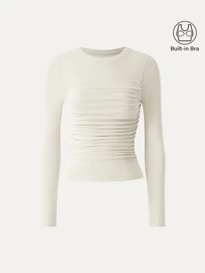 Oglmove Eco-mousse® Boatneck Long Sleeve Open-back Ruched Bra Top In Off White