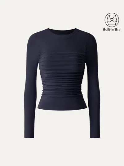 Oglmove Eco-mousse® Boatneck Long Sleeve Open-back Ruched Bra Top In Smoky Navy