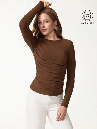 Oglmove Eco-mousse® Boatneck Long Sleeve Open-back Ruched Bra Top In Sweet Hazelnut