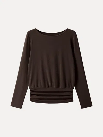 Oglmove Eco-mousse® Boatneck Long Sleeve Ruched Banded Hem Top In Espresso Shut
