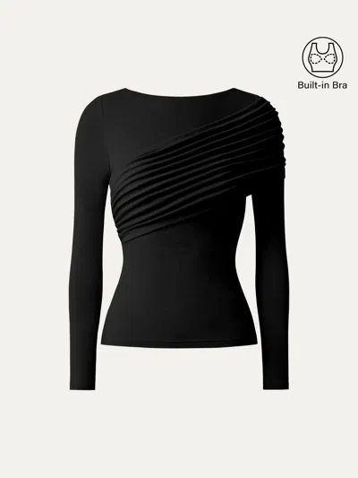 Oglmove Eco-mousse® Boatneck Ruched Overlap Bra Top In Black
