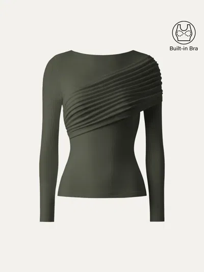 Oglmove Eco-mousse® Boatneck Ruched Overlap Bra Top In Deep Olive