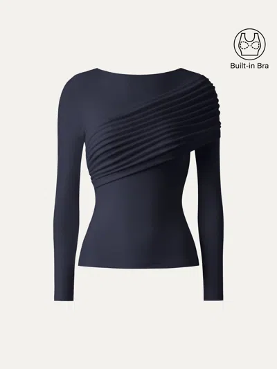 Oglmove Eco-mousse® Boatneck Ruched Overlap Bra Top In Smoky Navy