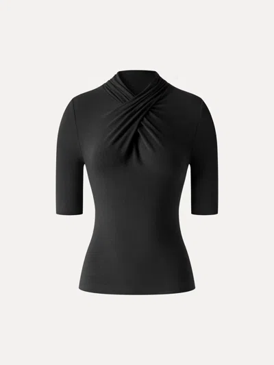 Oglmove Eco-mousse® Crisscross Mock Neck Elbow Sleeve Ruched Top In Black