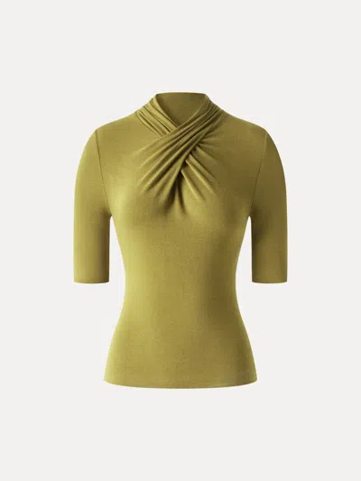 Oglmove Eco-mousse® Crisscross Mock Neck Elbow Sleeve Ruched Top In Ginger Olive