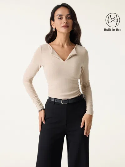 Oglmove Eco-mousse® Flapped V-neck Long Sleeve Ruched Bra Top In Natural Calico