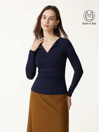 Oglmove Eco-mousse® Flapped V-neck Long Sleeve Ruched Bra Top In Smoky Navy