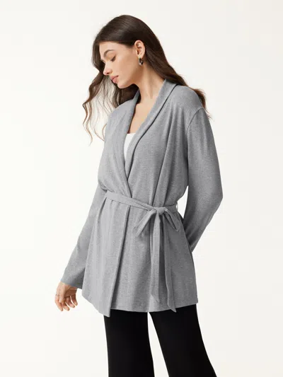 Oglmove Eco-mousse Lapel Long Sleeve Belted Cardigan In Heather Grey
