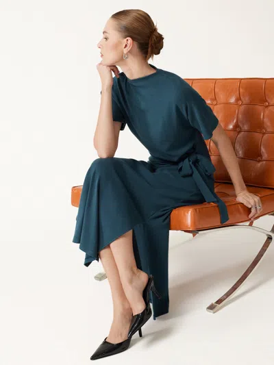 Oglmove Eco-mousse® Mock Neck Elbow Sleeve Tie-waist Midi Dress In Forest Night