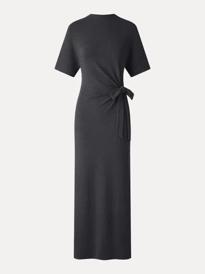 Oglmove Eco-mousse® Mock Neck Elbow Sleeve Tie-waist Midi Dress In Heather Night Charcoal