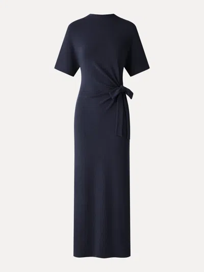 Oglmove Eco-mousse® Mock Neck Elbow Sleeve Tie-waist Midi Dress In Smoky Navy