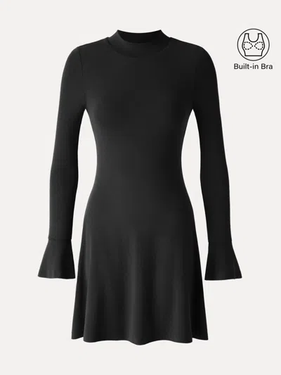 Oglmove Eco-mousse® Mock Neck Flared Long Sleeve A-line Mini Bra Dress In Black
