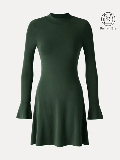 Oglmove Eco-mousse® Mock Neck Flared Long Sleeve A-line Mini Bra Dress In Green