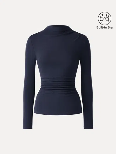 Oglmove Eco-mousse® Mock Neck Long Sleeve Ruched Bra Top In Blue