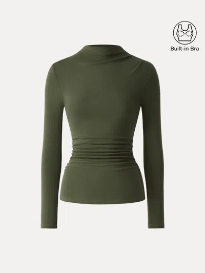 Oglmove Eco-mousse® Mock Neck Long Sleeve Ruched Bra Top In Green