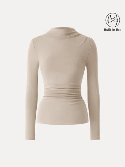 Oglmove Eco-mousse® Mock Neck Long Sleeve Ruched Bra Top In Neutral