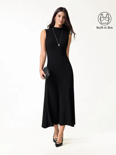 Oglmove Eco-mousse® Mock Neck Sleeveless A-line Midi Bra Dress In Black