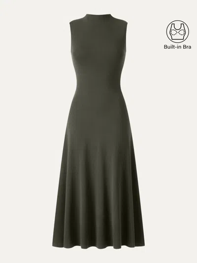 Oglmove Eco-mousse® Mock Neck Sleeveless A-line Midi Bra Dress In Deep Olive