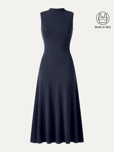 Oglmove Eco-mousse® Mock Neck Sleeveless A-line Midi Bra Dress In Midnight Navy