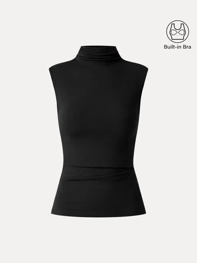 Oglmove Eco-mousse® Mock Neck Sleeveless Ruched Bra Top In Black