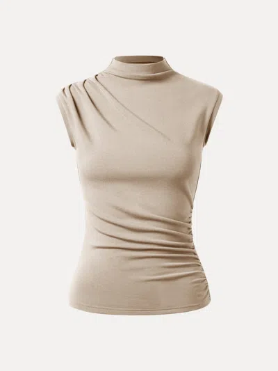 Oglmove Eco-mousse® Mock Neck Sleeveless Ruched Top In Natural Calico