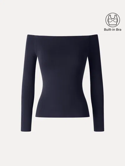 Oglmove Eco-mousse® Non-slip Off-shoulder Long Sleeve Bra Top In Smoky Navy