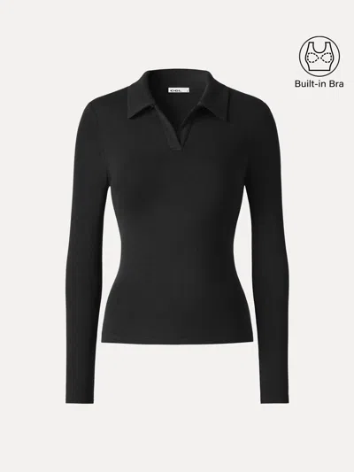Oglmove Eco-mousse® Office Staple V-neck Lapel Long Sleeve Bra Top In Black
