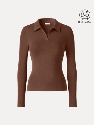Oglmove Eco-mousse® Office Staple V-neck Lapel Long Sleeve Bra Top In Brown