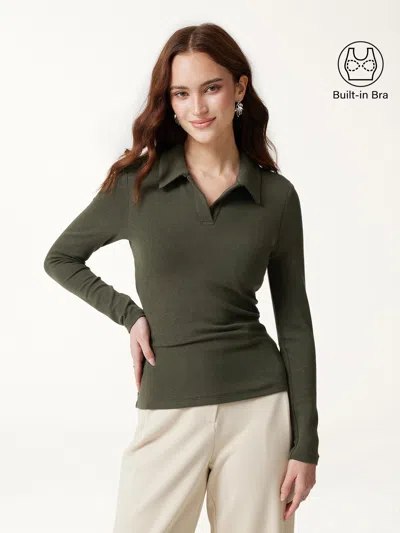 Oglmove Eco-mousse® Office Staple V-neck Lapel Long Sleeve Bra Top In Green