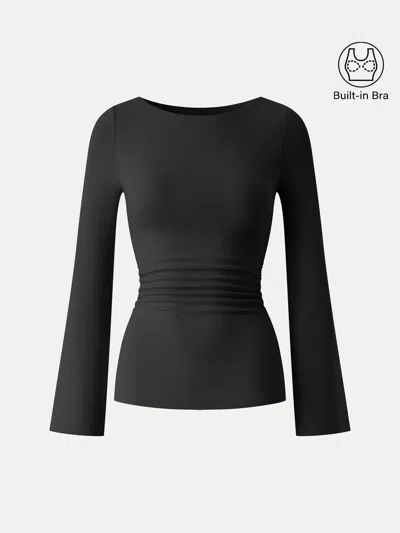 Oglmove Eco-mousse® Round Neck Bell Sleeve Ruched Bra Top In Black