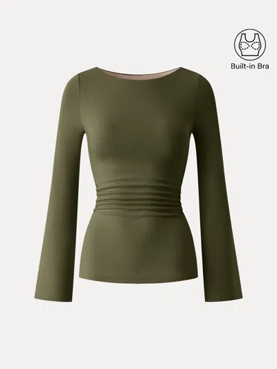 Oglmove Eco-mousse® Round Neck Bell Sleeve Ruched Bra Top In Bright Olive