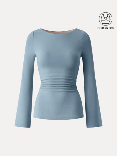 Oglmove Eco-mousse® Round Neck Bell Sleeve Ruched Bra Top In Dusk Blue