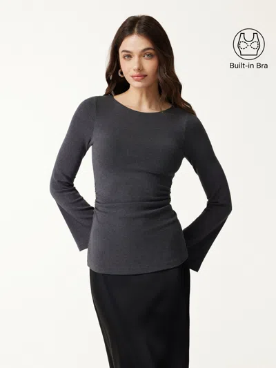 Oglmove Eco-mousse® Round Neck Bell Sleeve Ruched Bra Top In Heather Night Charcoal