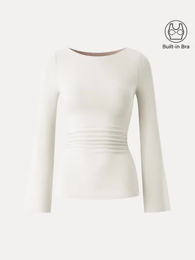 Oglmove Eco-mousse® Round Neck Bell Sleeve Ruched Bra Top In Off White