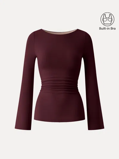 Oglmove Eco-mousse® Round Neck Bell Sleeve Ruched Bra Top In Ruby Red
