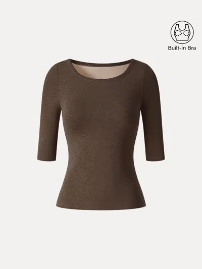 Oglmove Eco-mousse® Round Neck Elbow Sleeve Bra Top In Umber Wood Brown