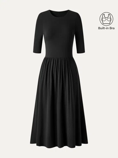 Oglmove Eco-mousse® Round Neck Elbow Sleeve Fit-and-flare Midi Bra Dress With Pockets In Black