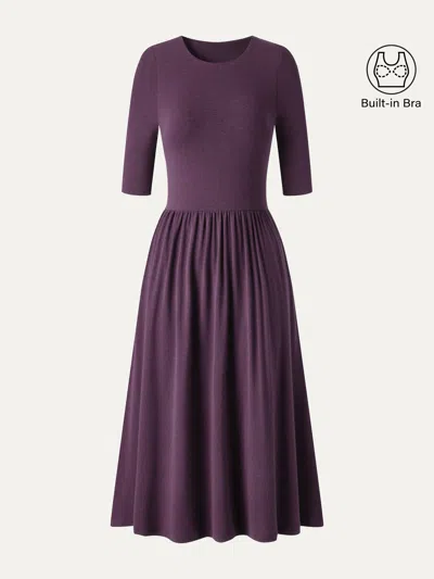 Oglmove Eco-mousse® Round Neck Elbow Sleeve Fit-and-flare Midi Bra Dress With Pockets In Deep Fig