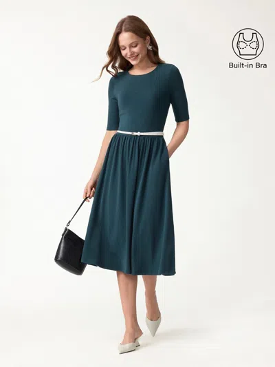 Oglmove Eco-mousse® Round Neck Elbow Sleeve Fit-and-flare Midi Bra Dress With Pockets In Forest Night