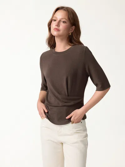 Oglmove Eco-mousse® Round Neck Elbow Sleeve Side-tuck Top In Cedar Brown