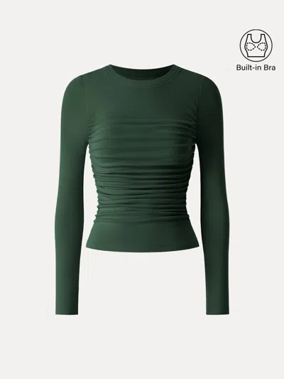 Oglmove Eco-mousse® Roundneck Long Sleeve Ruched Bra Top In Deep Bush