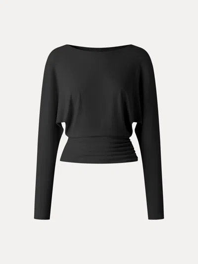 Oglmove Eco-mousse® Slash Neck Batwing Sleeve Ruched Banded Hem Top In Black