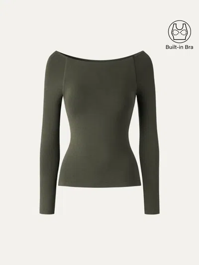 Oglmove Eco-mousse® Slash Neck Raglan Sleeve Bra Top In Deep Olive
