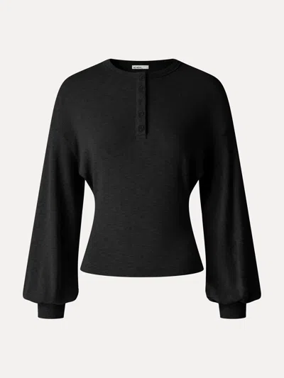 Oglmove Eco-mousse® Slub Ribbed Henley Neck Batwing Sleeve Close-fit Hem Top In Black