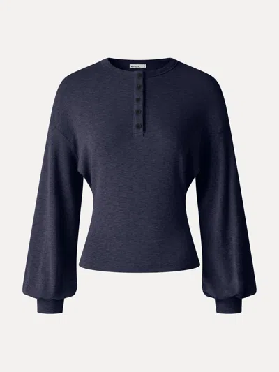 Oglmove Eco-mousse® Slub Ribbed Henley Neck Batwing Sleeve Close-fit Hem Top In Blue